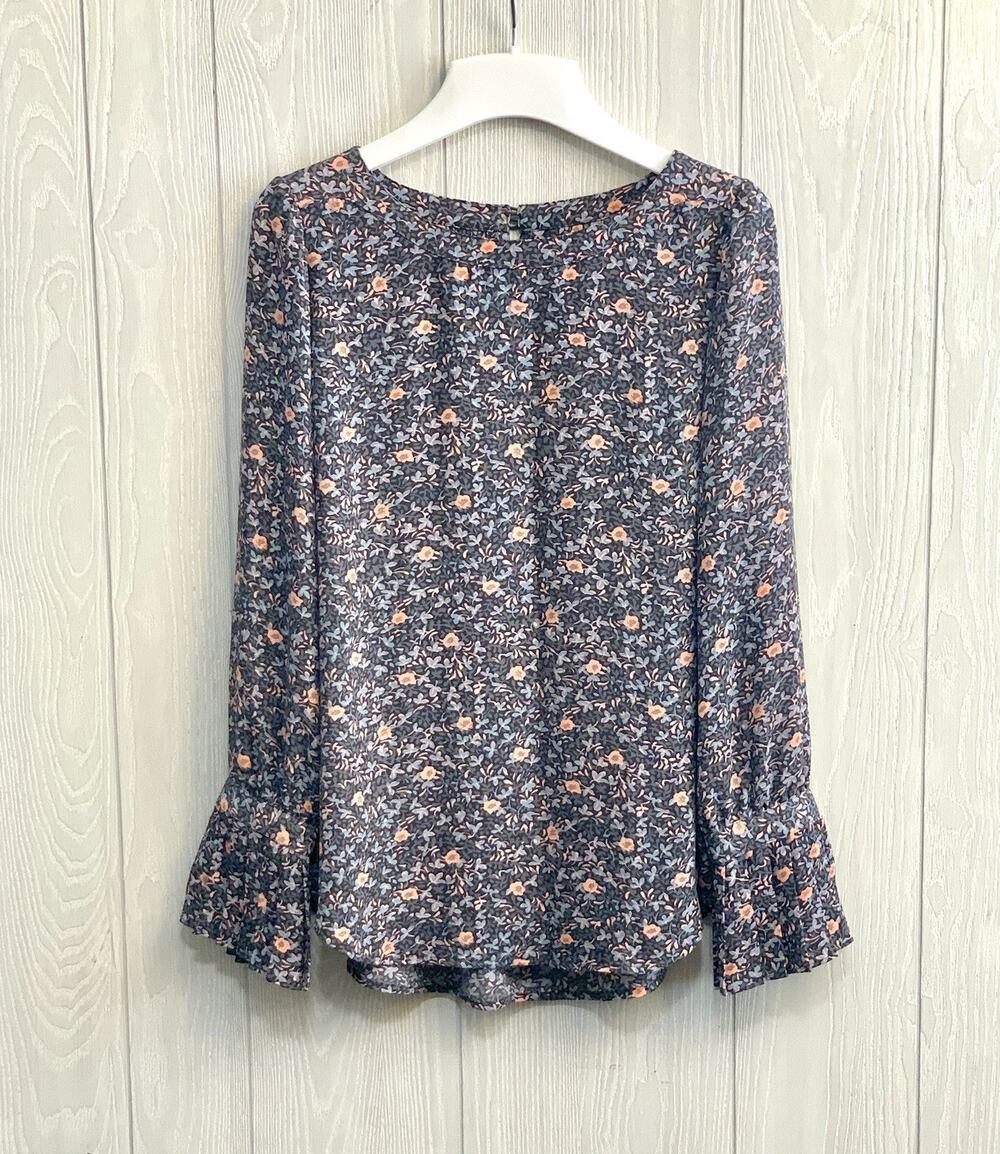 LOFT Gray Blue Pink Floral Pleated Long Sleeve Top Small